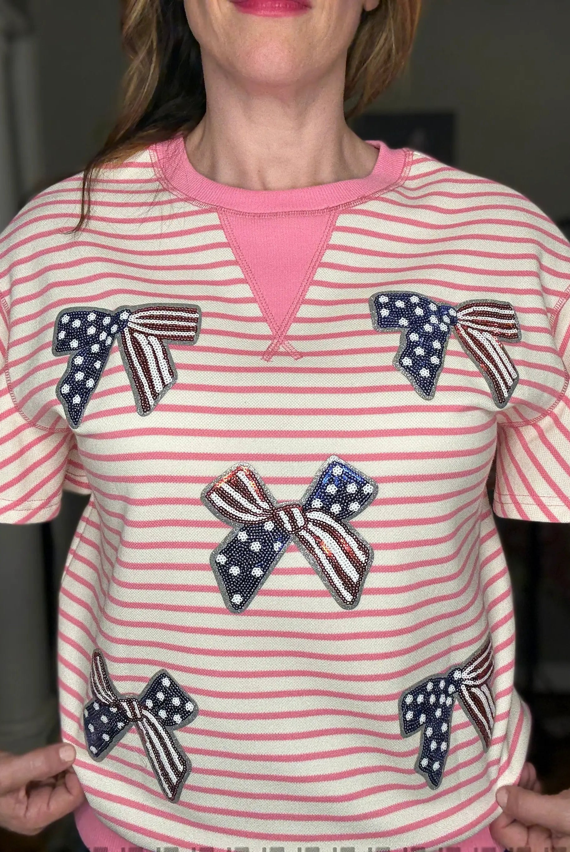 Grateful Threads Boutique “Stars, Stripes & Sass” Sequin Bow Ruffle Tee - Blouses