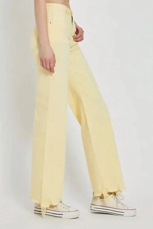RISEN The High Rise Wide Leg Frayed Hem Jeans: Pale Yellow - Jeans