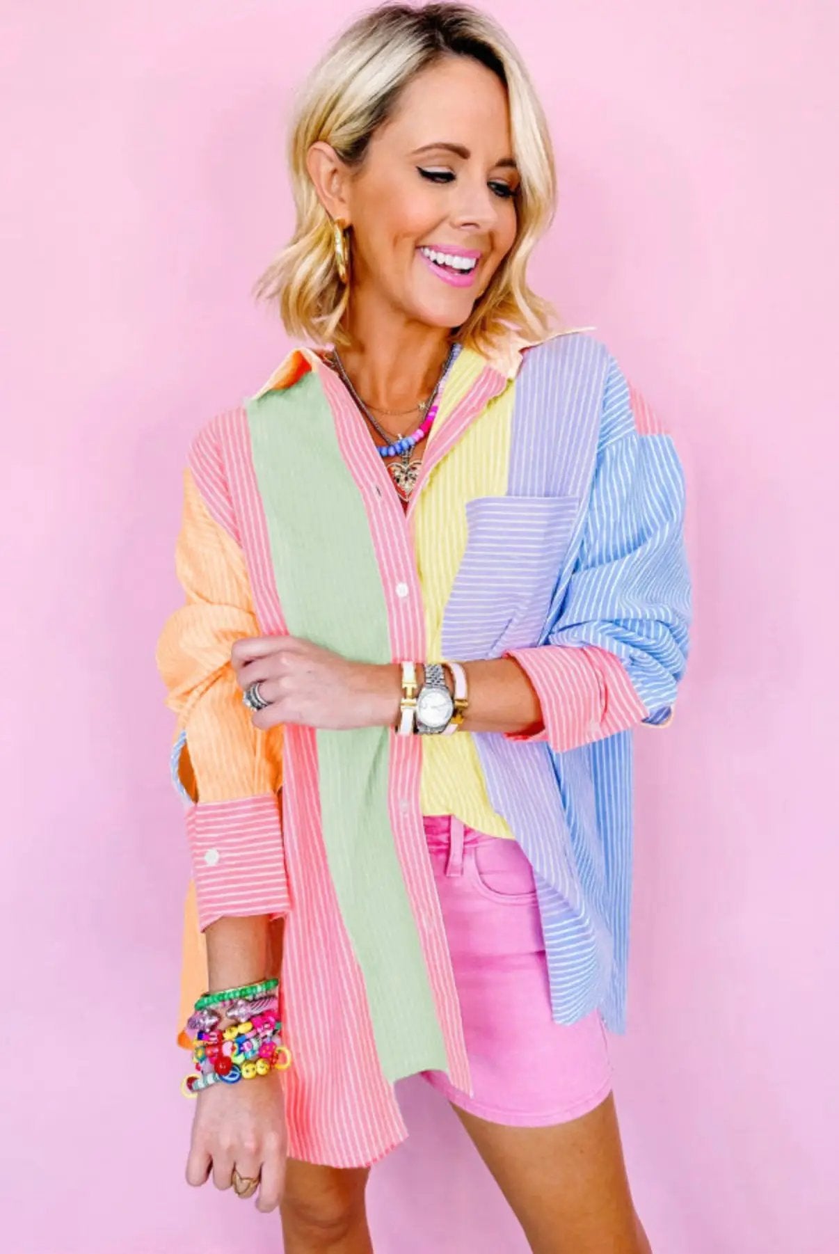 Grateful Threads Boutique Pink Stripe Color Block Chest Pocket Oversized Shirt - Shirts Pink Stripe Color Block Chest Pocket Oversized Shirt