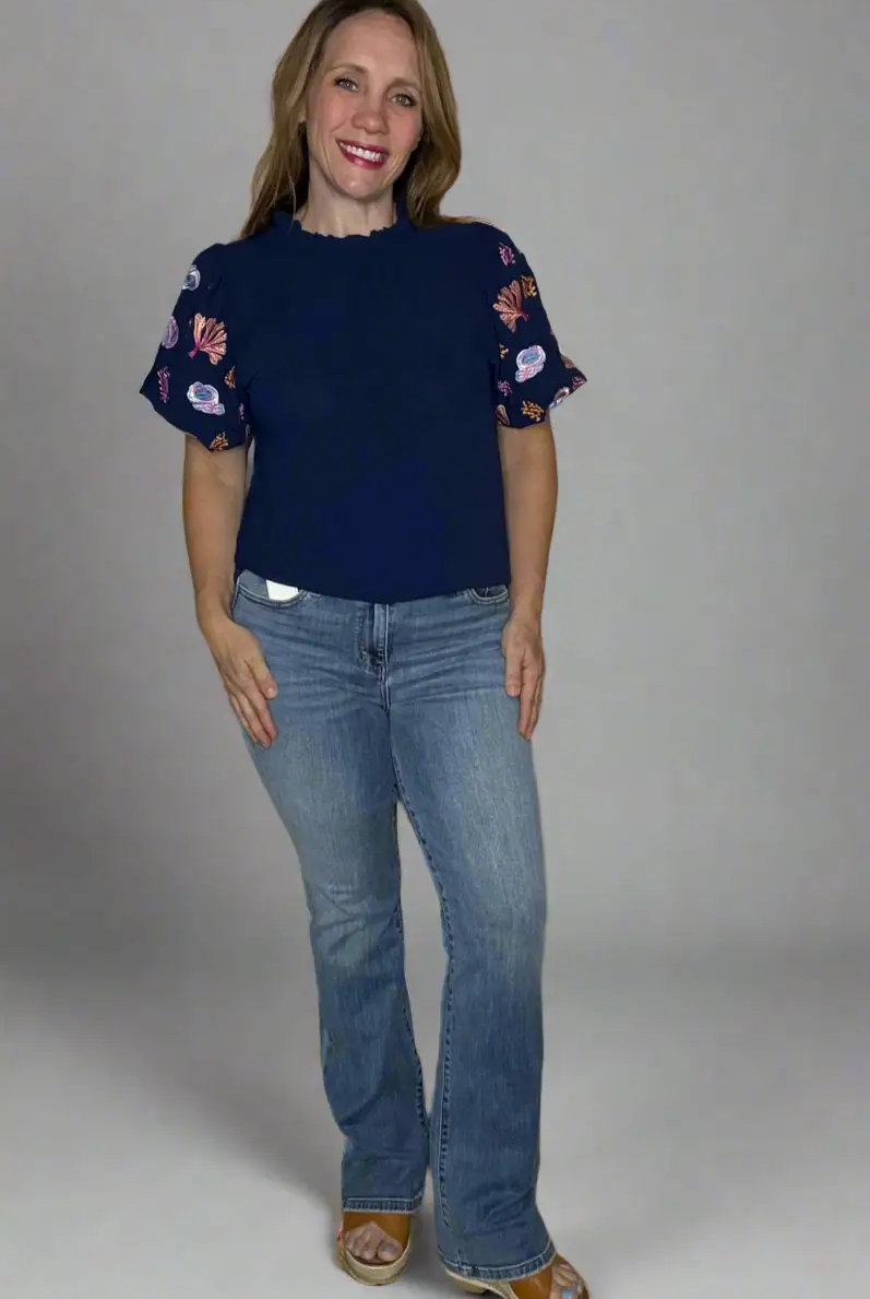 Grateful Threads Boutique Nautical Embroidery Puff Sleeve Frilled Neck Blouse - Blouses Embroidered puff sleeve