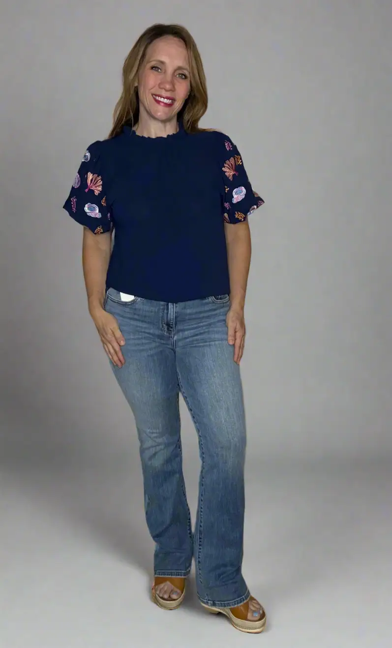 Grateful Threads Boutique Nautical Embroidery Puff Sleeve Frilled Neck Blouse - Blouses Embroidered puff sleeve