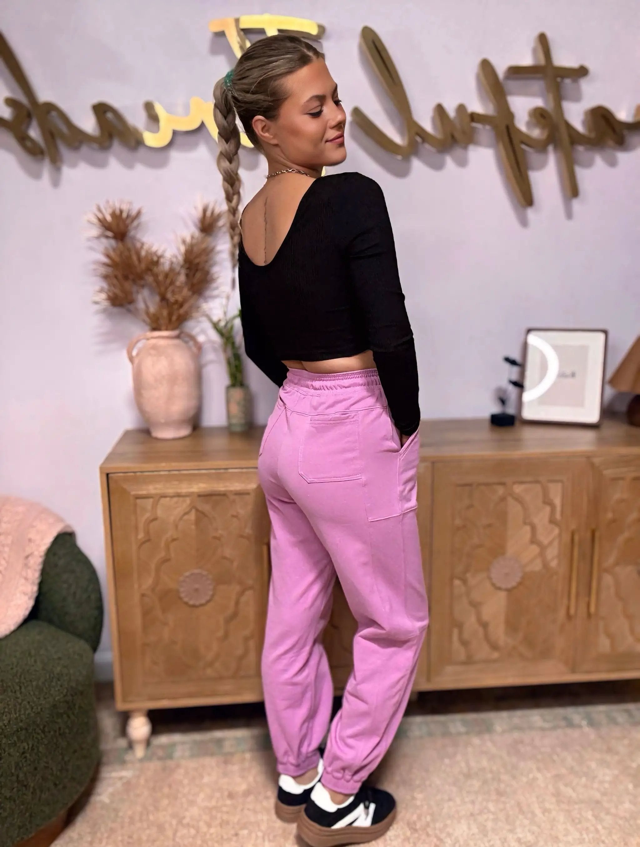 Grateful Threads Boutique Lilac Drawstring Waist Patchwork Solid Color Jogger Pants - Joggers