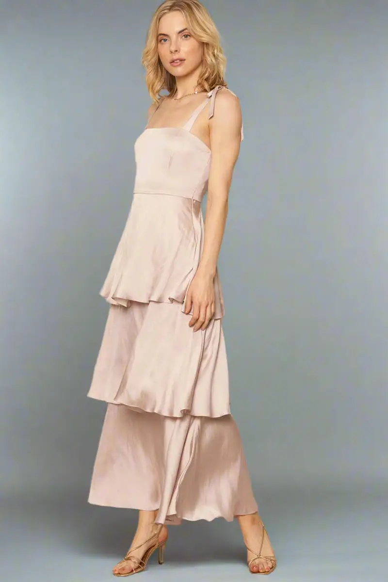 En Crème En Crème Champagne Shoulder Tie Satin Tiered Maxi Dress - Dresses