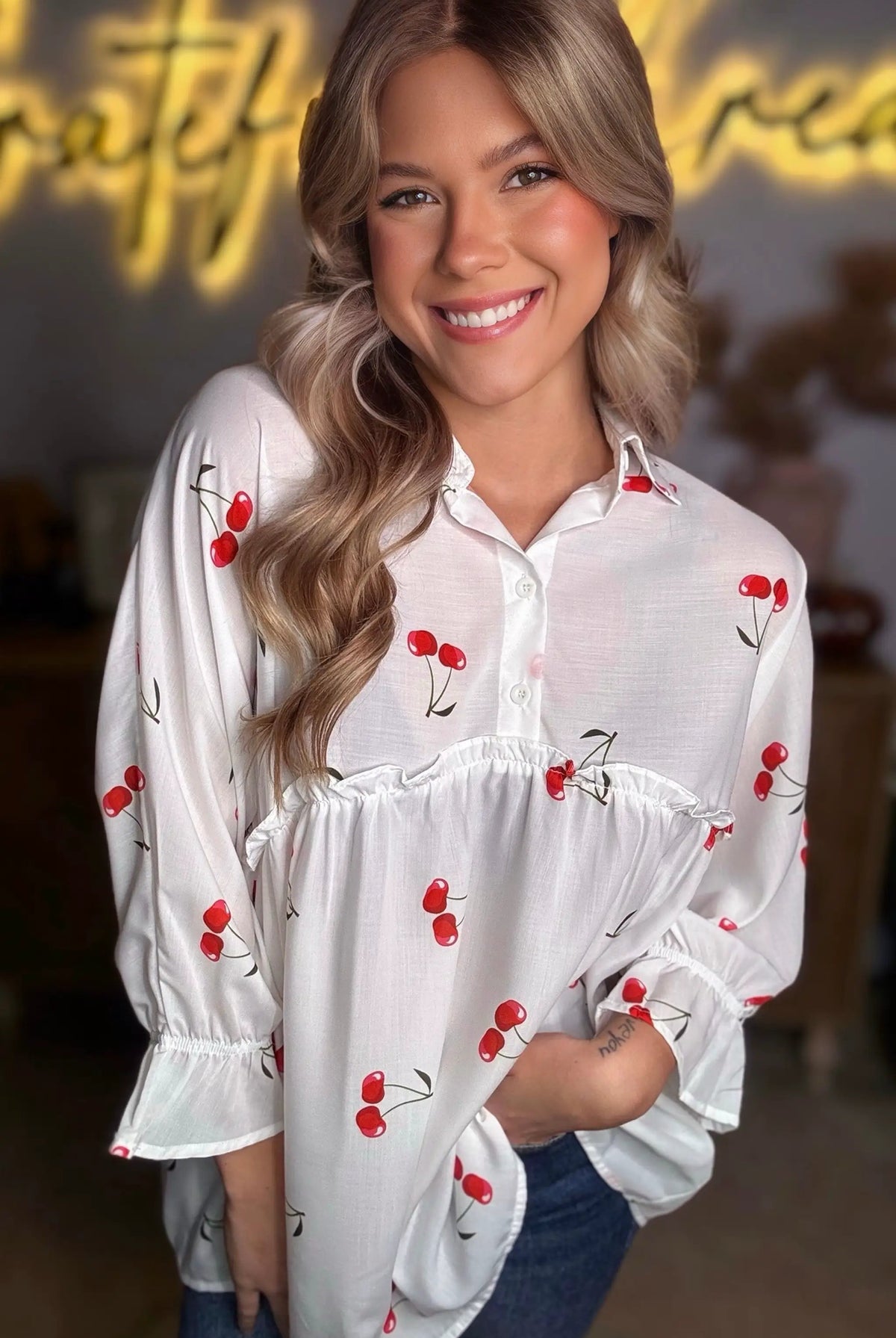Grateful Threads Boutique White Cherry Print Flounce Sleeve Collared Frilled Babydoll Blouse - Blouses White Cherry Print Flounce Sleeve Collared Frilled Babydoll Blouse