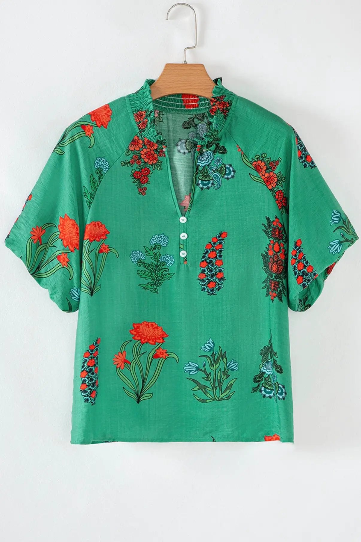 Grateful Threads Boutique Evergreen Bloom Buttoned V-Neck Floral Blouse - Blouses green floral print buttoned v neck blouse