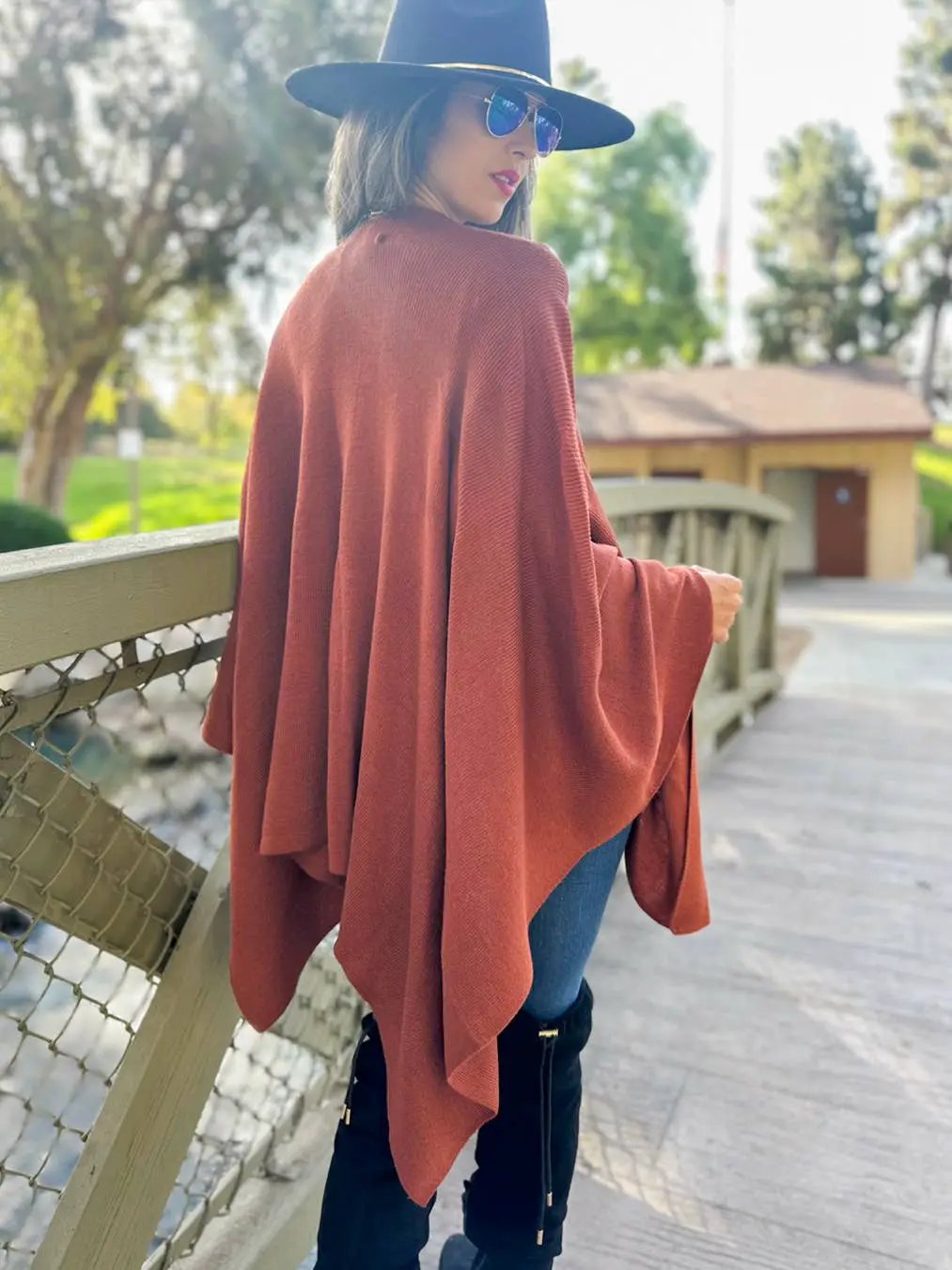AMOLI AMOLI - Rust Solid Knit Ruana Shawl with Shoulder Strap - Scarves & Shawls