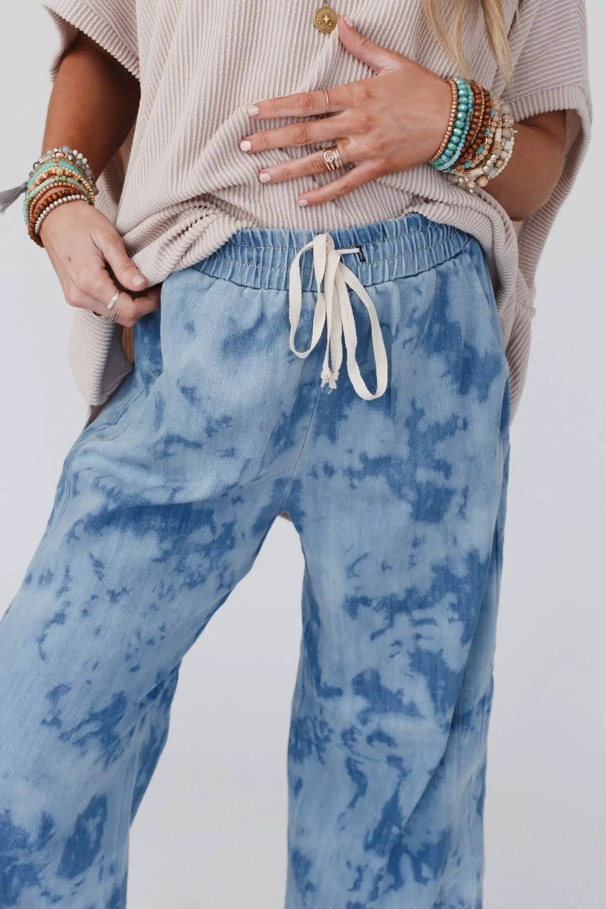 Three Bird Nest Three Bird Nest - So Comfy Wide Leg Cropped Pant - Bleach Dye Denim - Pants
