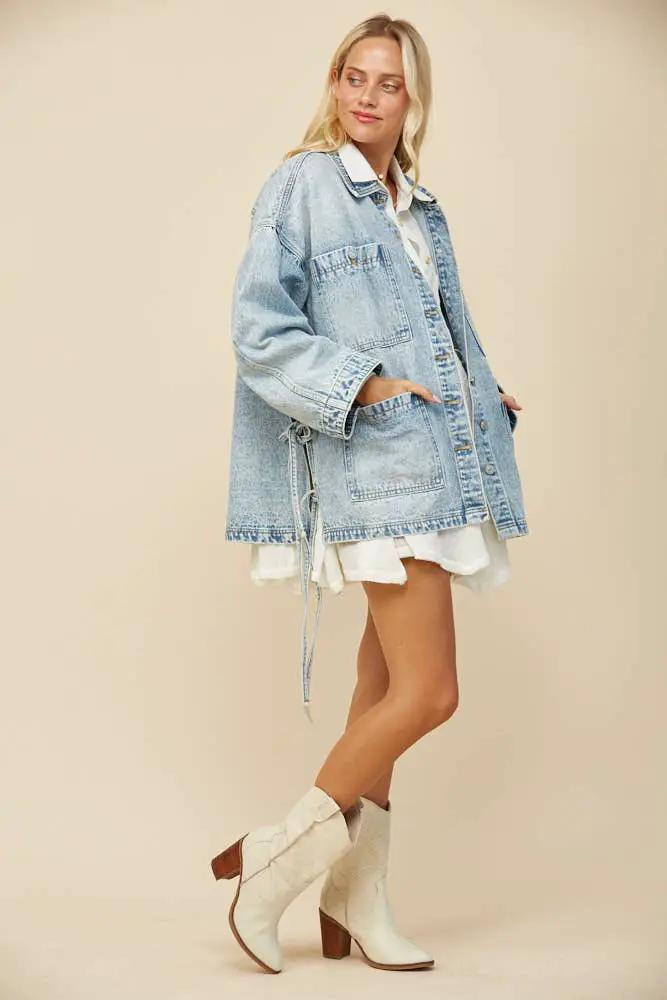 WISTERIA LANE Wisteria Lane - Free Spirit Side-Tie Oversized Light Wash Denim Jacket - Coats & Jackets