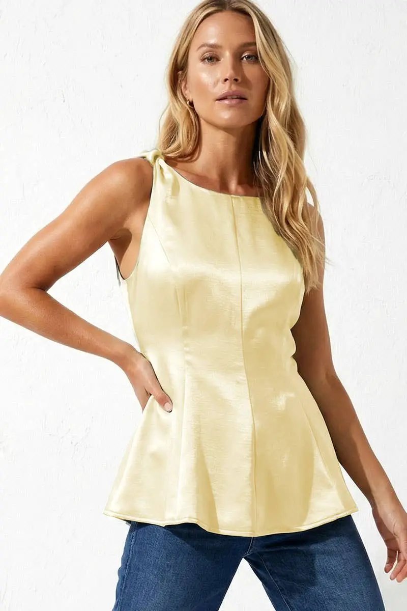 Naked Zebra The Satin Peplum Top With Cord Detail: Pale Banana - Blouses