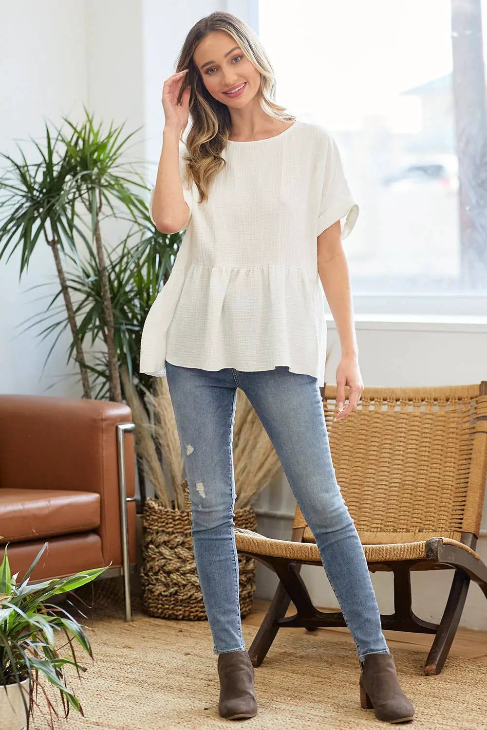 lovely melody Cotton Double Gauze Solid Babydoll Blouse - Blouses cotton gauze babydoll blouse