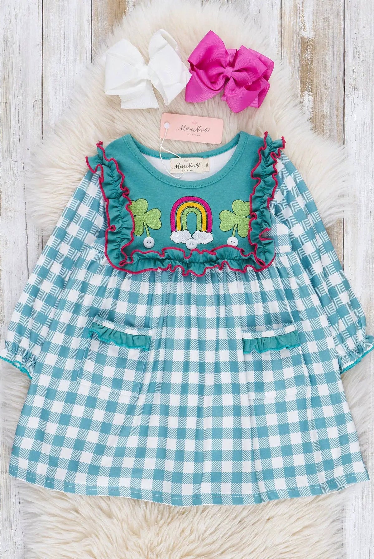 Marie Nicole Clothing Rainbow Clover Field Gingham Dress - Dresses