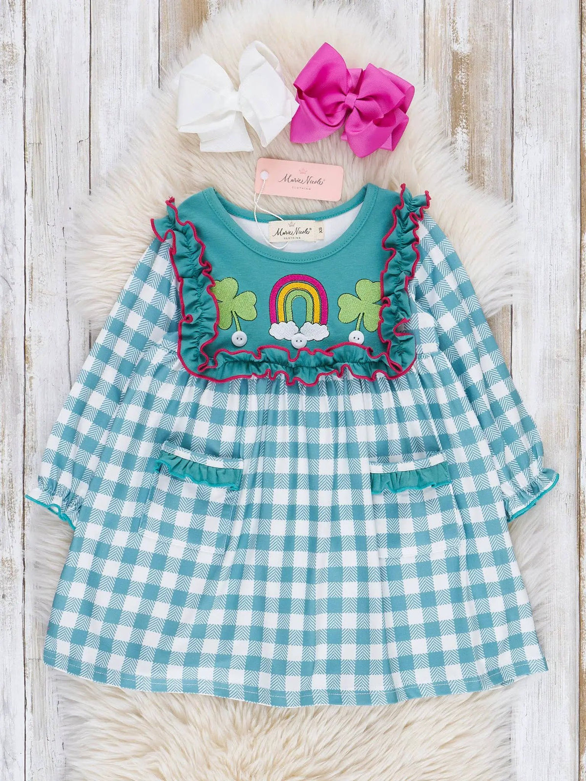 Marie Nicole Clothing Rainbow Clover Field Gingham Dress - Dresses