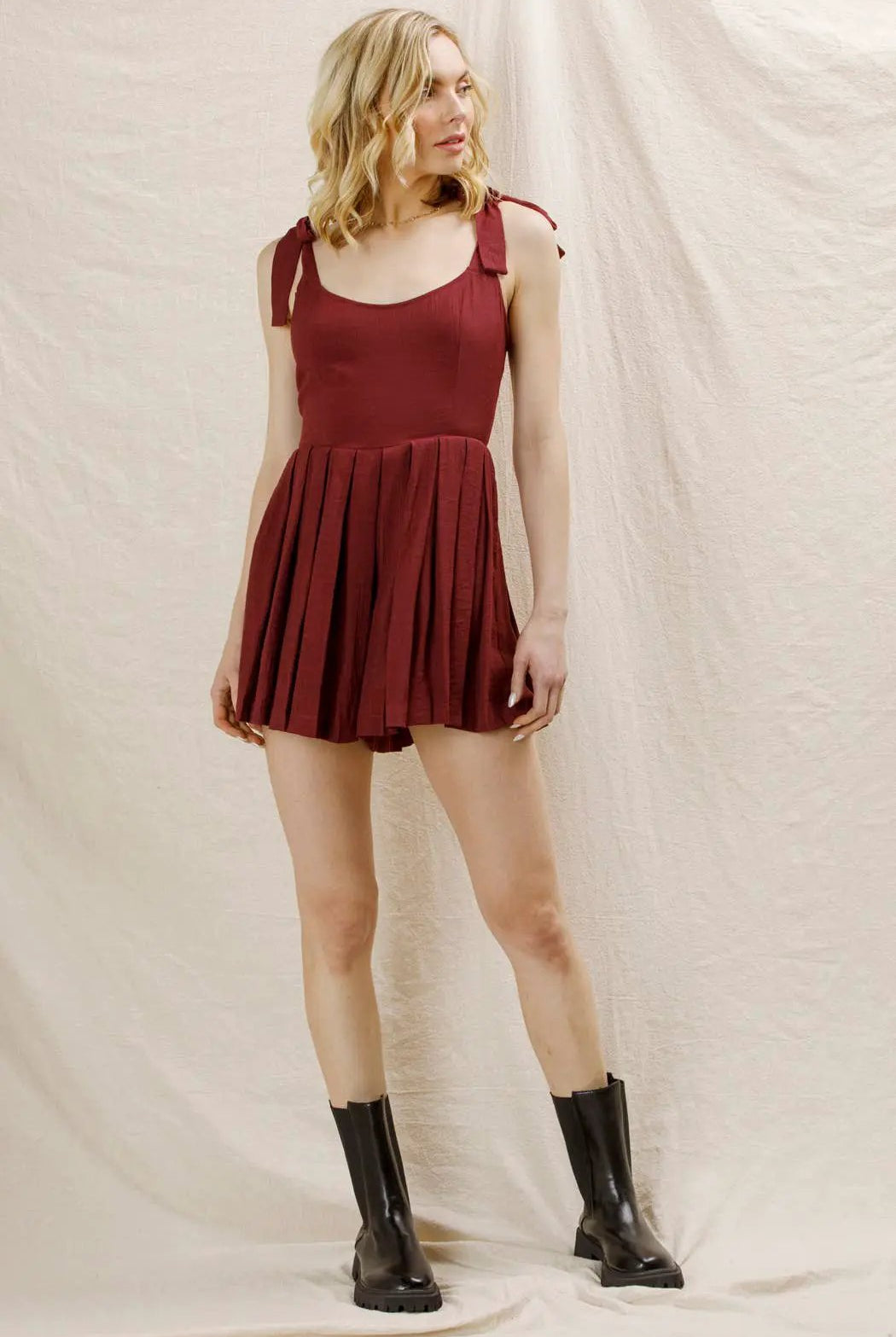 En Crème En Crème Wine Shoulder Tie Pleated Romper - One-Pieces shoulder tie pleated romper