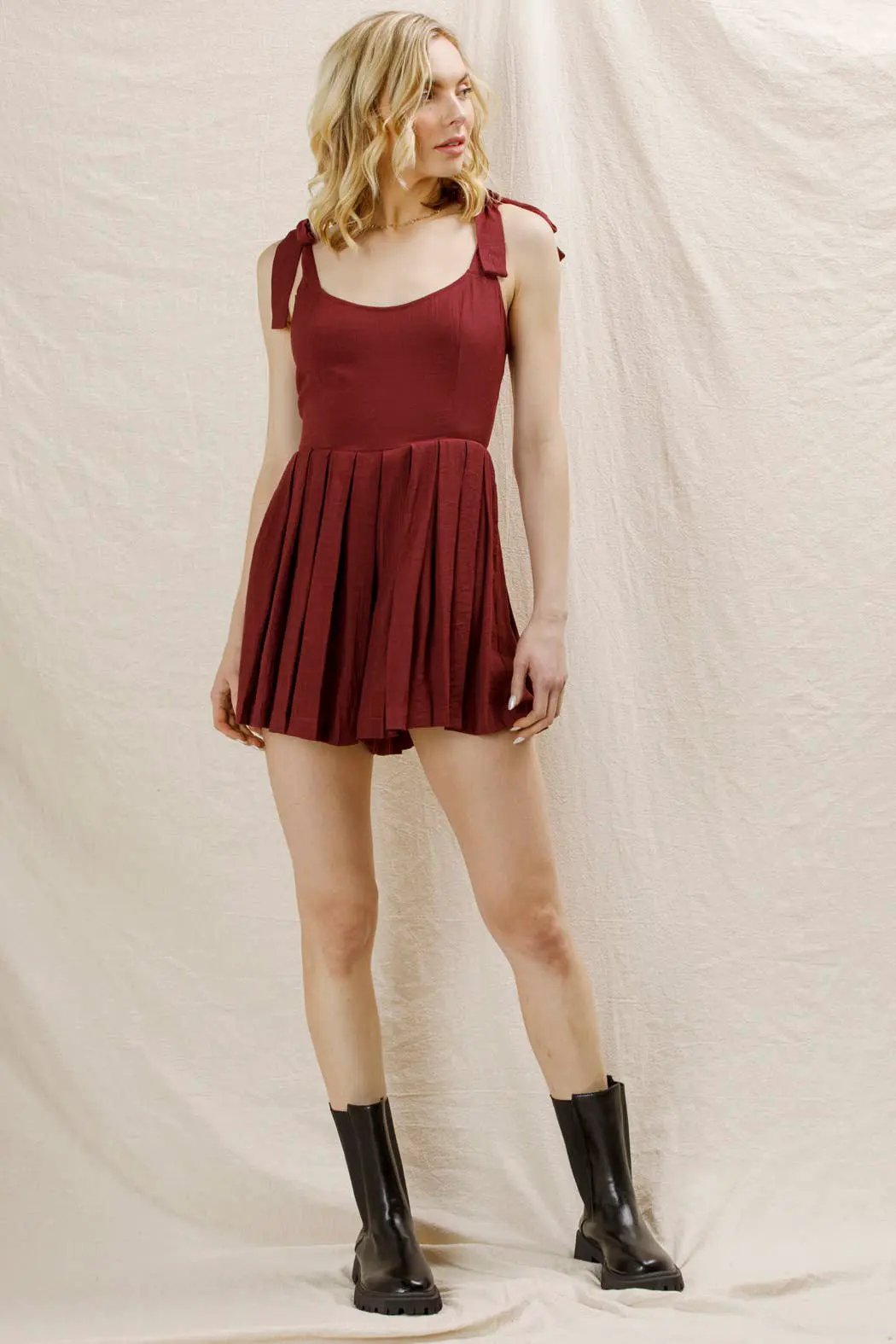 En Crème En Crème Wine Shoulder Tie Pleated Romper - One-Pieces shoulder tie pleated romper