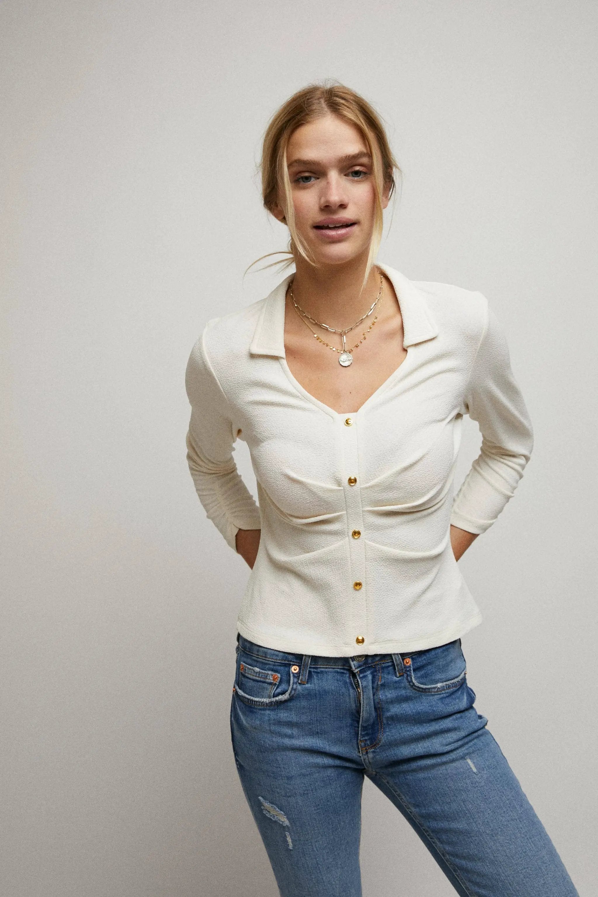 Cerule Cinched 3/4 Sleeves Pleated Front Collar V-Neck Top - Clothing Tops
