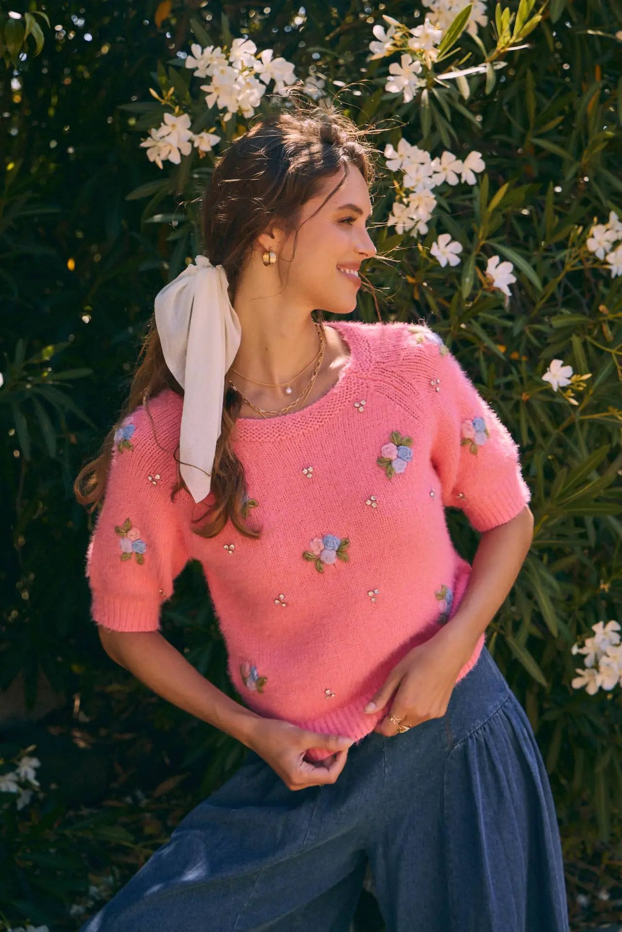 in february The Bloom Embroidered Fuzzy Sweater in Candy Pink - Sweaters