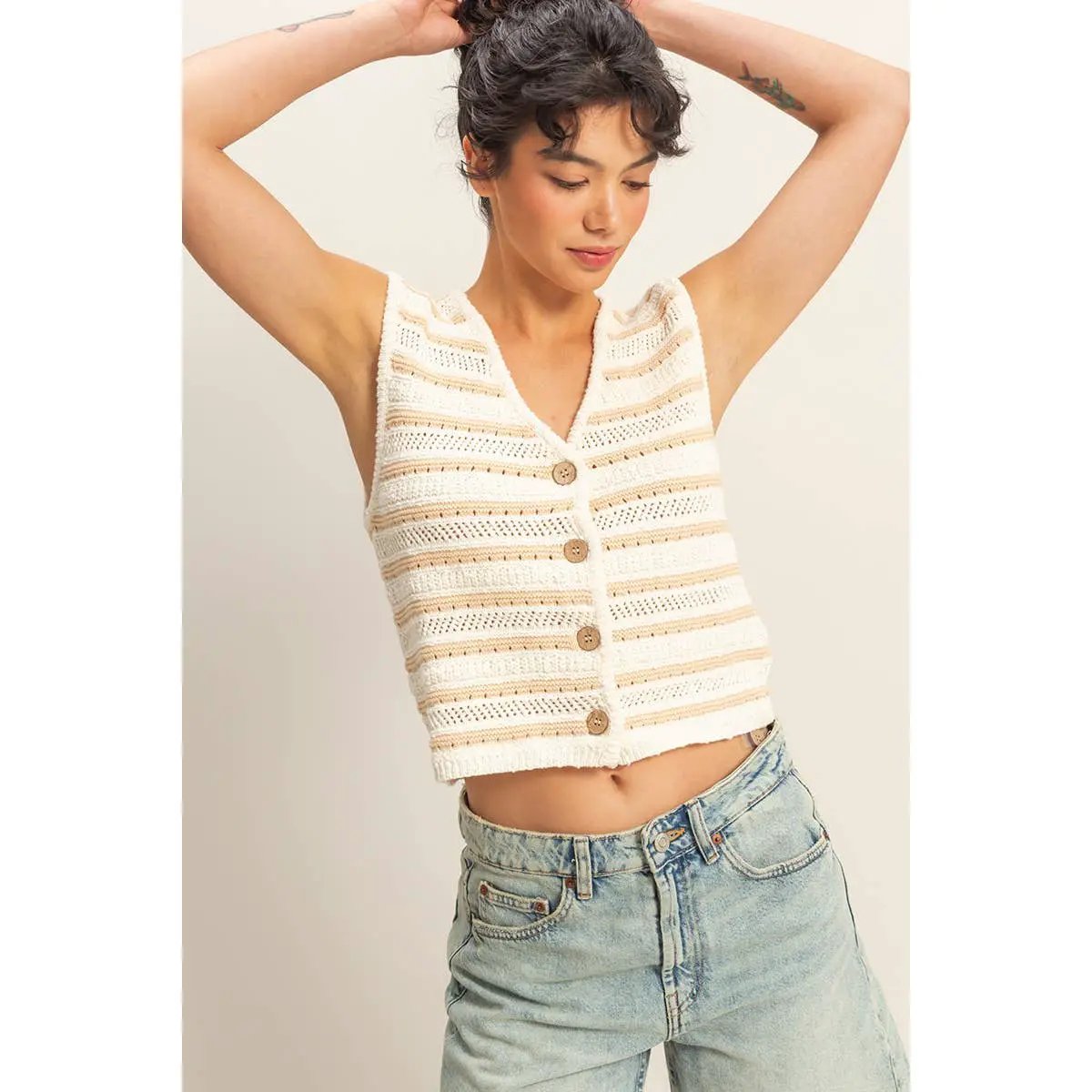 HYFVE HYFVE Striped Buttoned Sleeveless Vest - Tank Tops Sleeveless vest