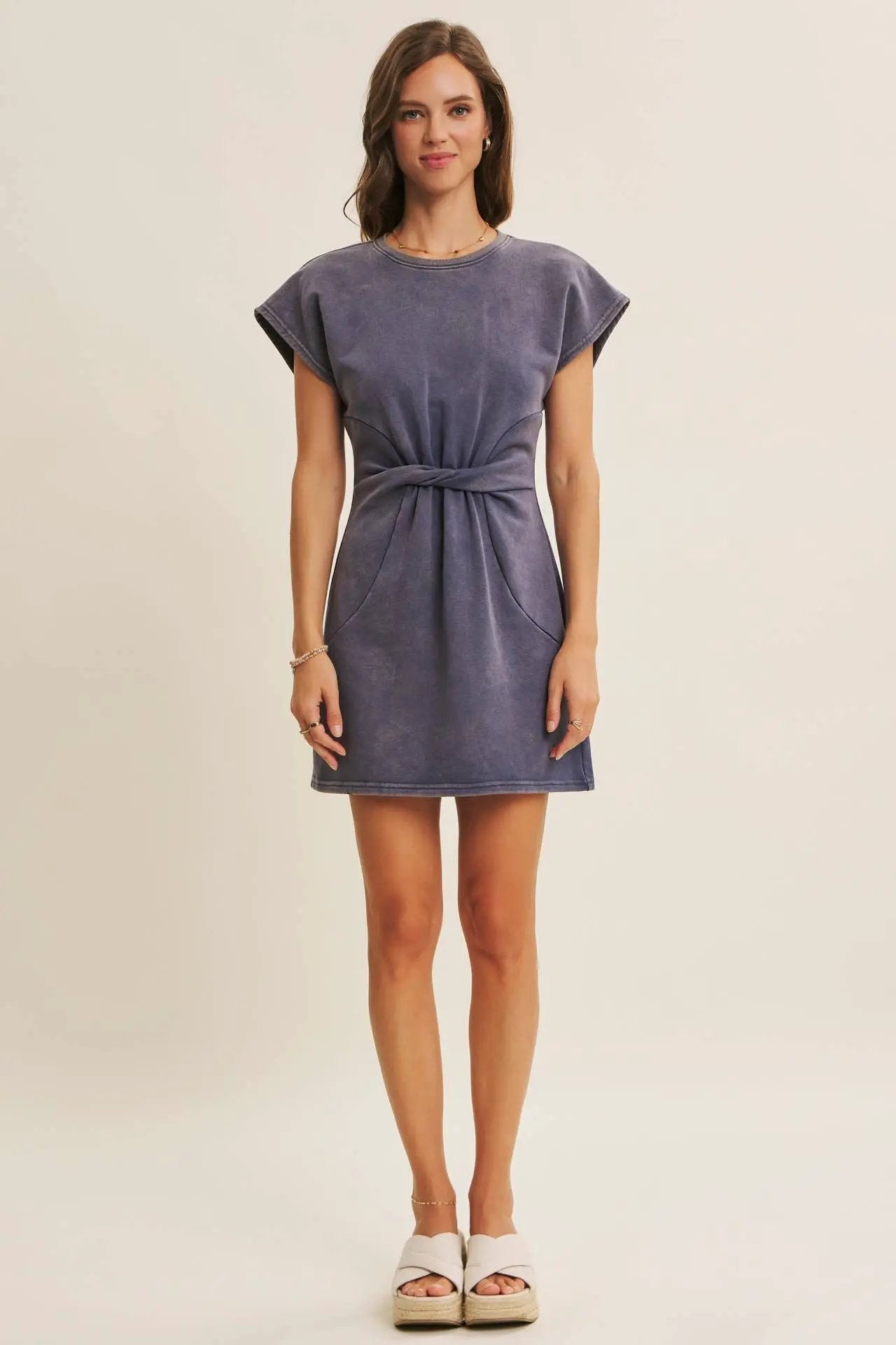in february Easygoing Mineral-Washed Waist Twist Terry Mini Dress: Washed Denim - Dresses