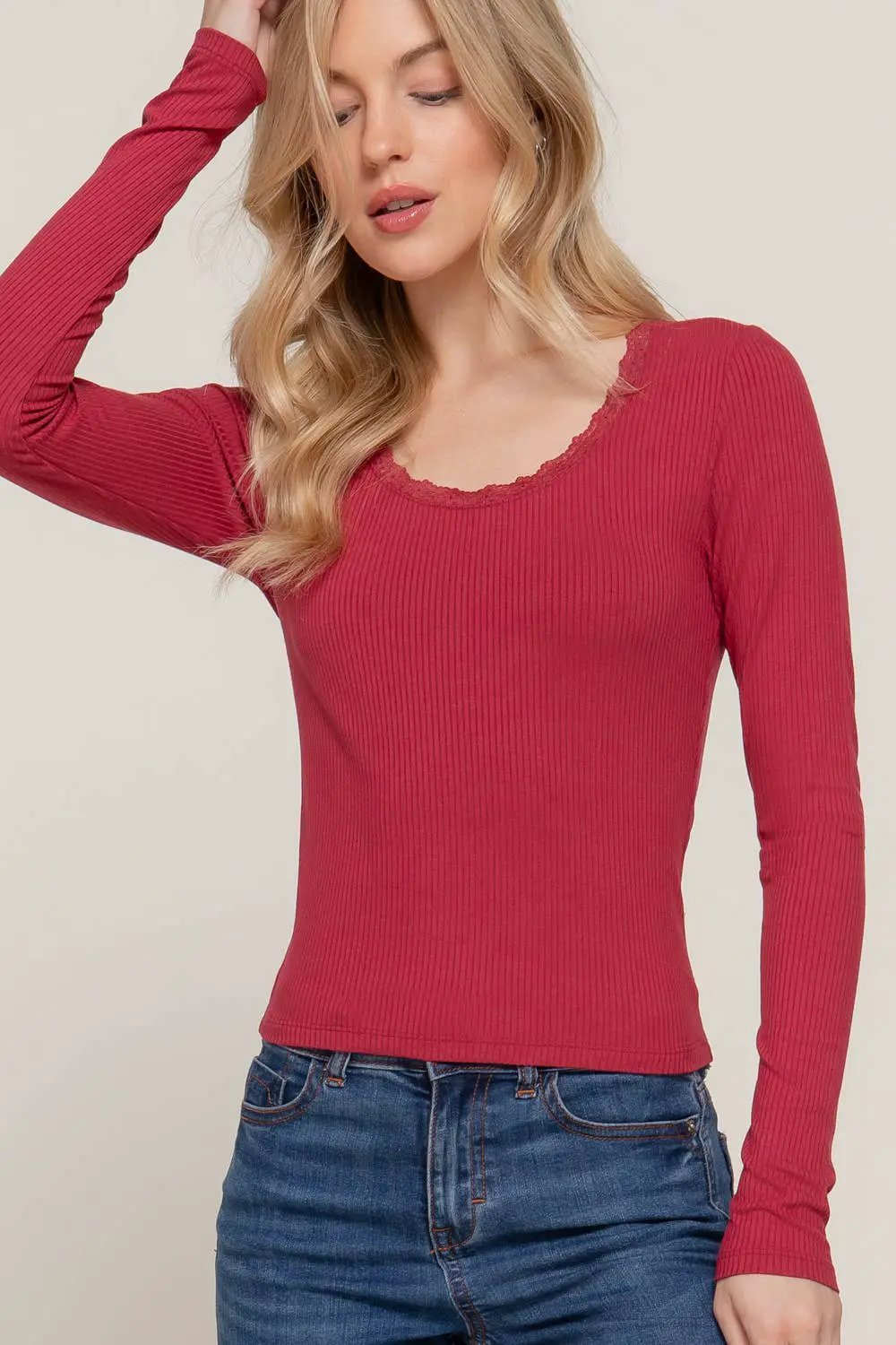 Active Basic | Active USA Active Basic | Active USA - Long Sleeve Scoop Neck with Lace Trim Rib Knit Top in Army Olive - Sweaters
