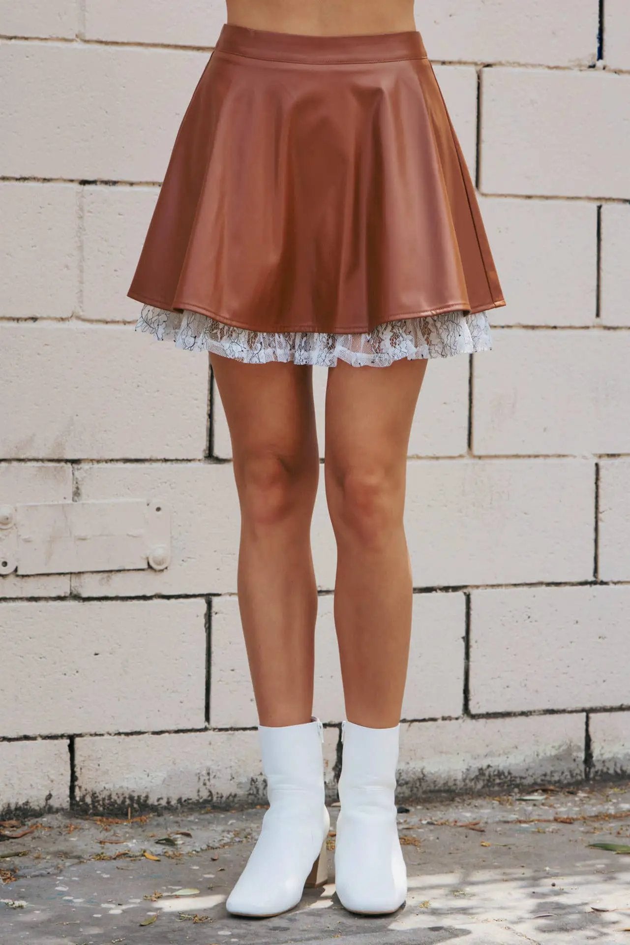 idem ditto Ruffled Lace Faux Leather Mini Skirt - Skirts