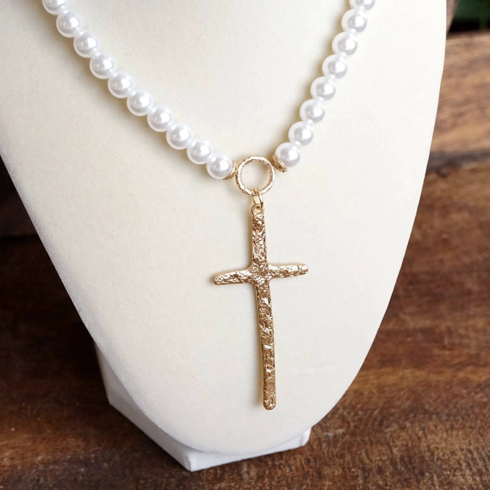 PennyLine inc The Primitive Cross Pearl Necklace - Jewelry primitive cross necklace gold pearl turquoise beads