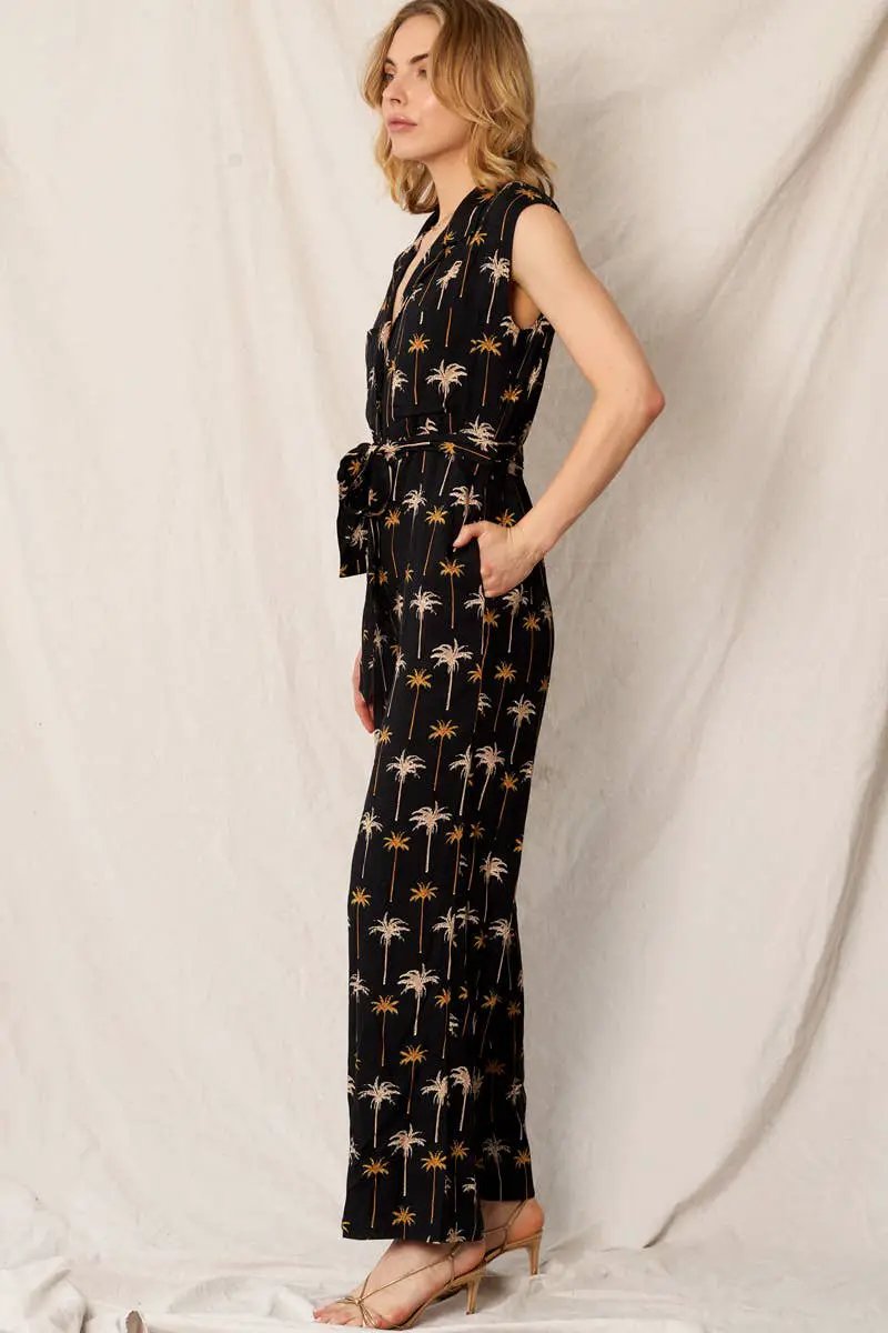 En Crème En Crème Palm Tree Print Cap Sleeve Belted Black Jumpsuit - Dresses