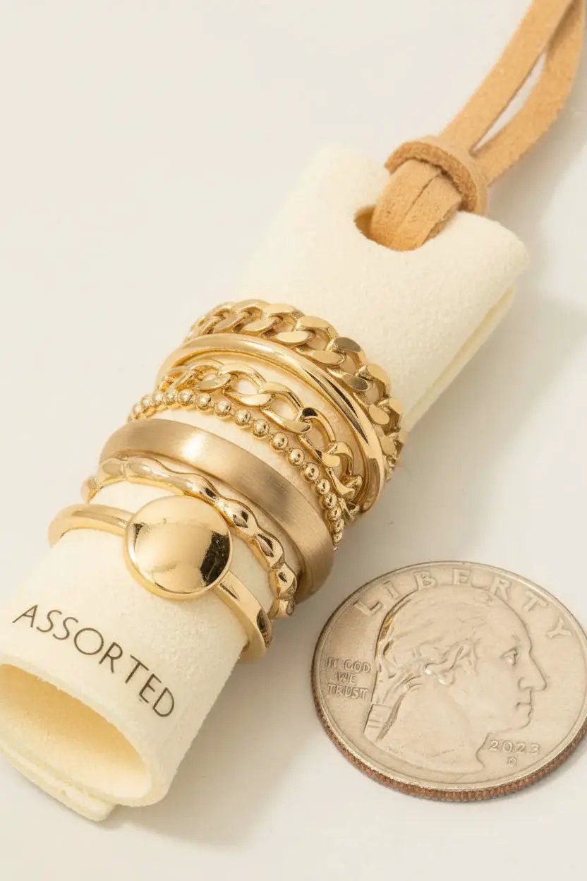 Fame Accessories Pearl Stud Mixed Chain 7Pc Band Rings Set: Gold - Rings