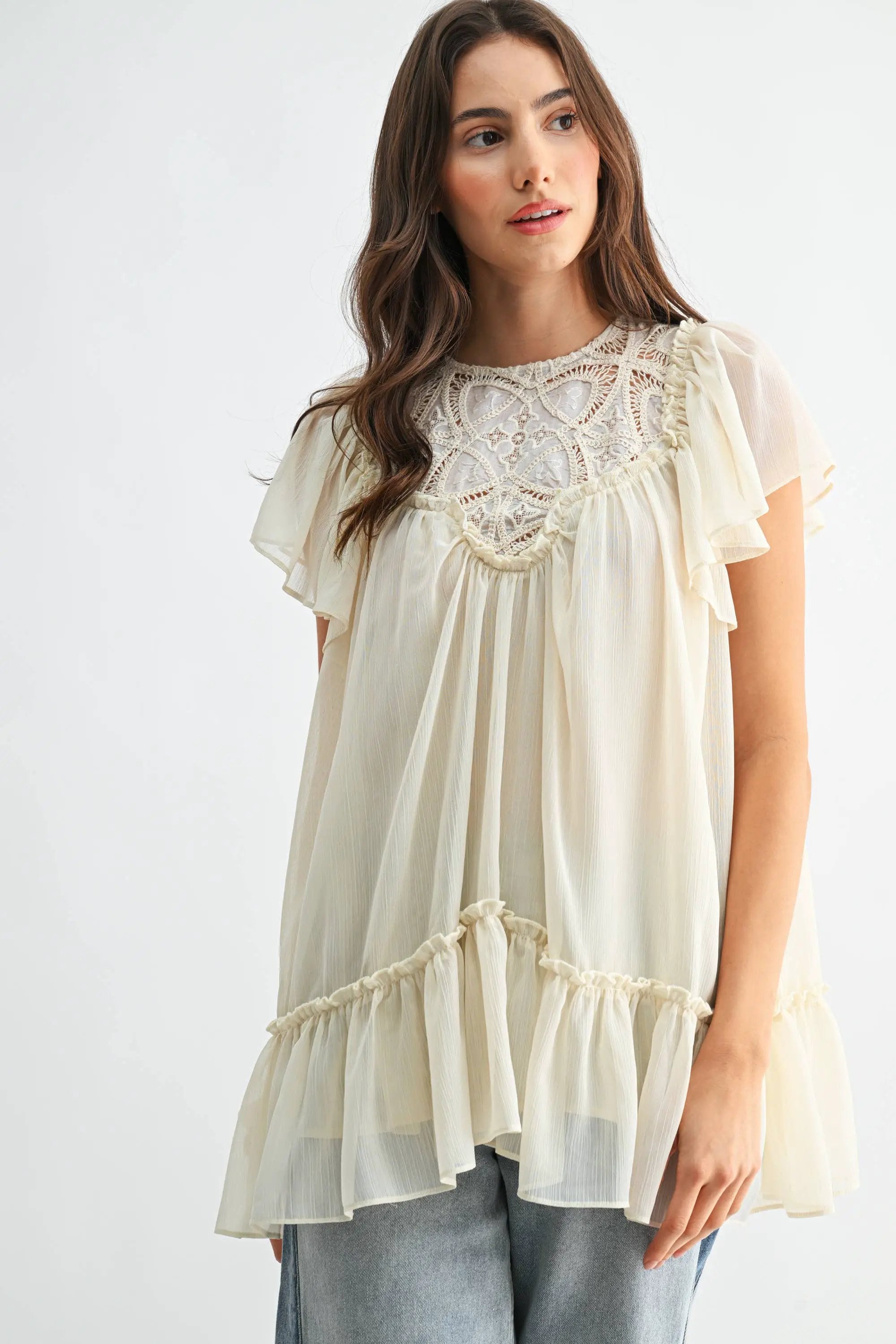 Camellia The Sheer Lace Yoke Ruffle Sleeve Blouse: CREAM - Blouses