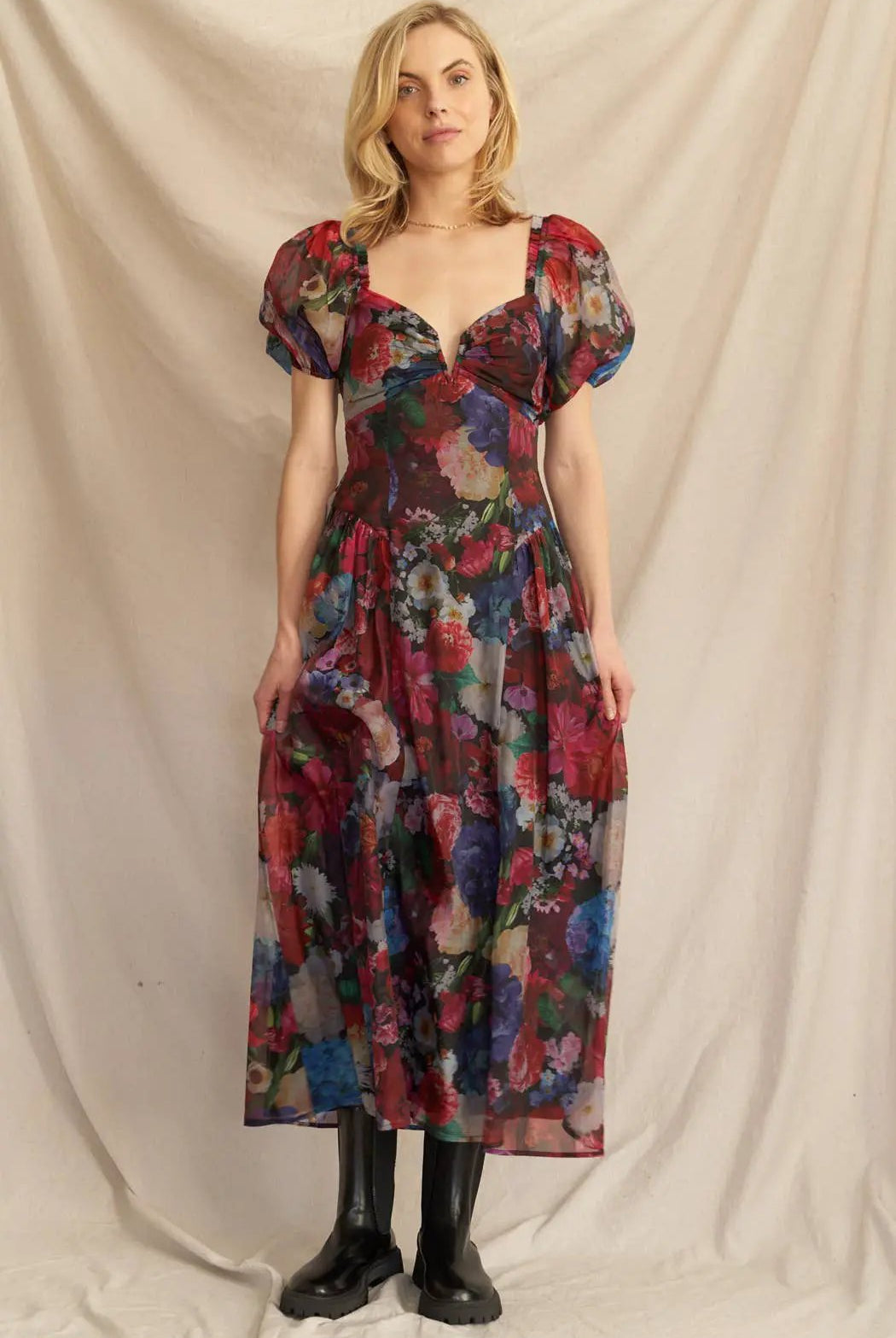 En Crème En Crème Black Multi Puff Sleeve Floral Midi Dress - Dresses