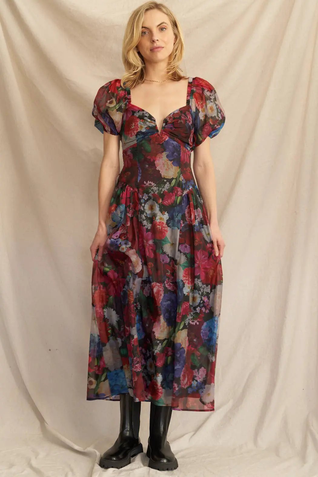 En Crème En Crème Black Multi Puff Sleeve Floral Midi Dress - Dresses
