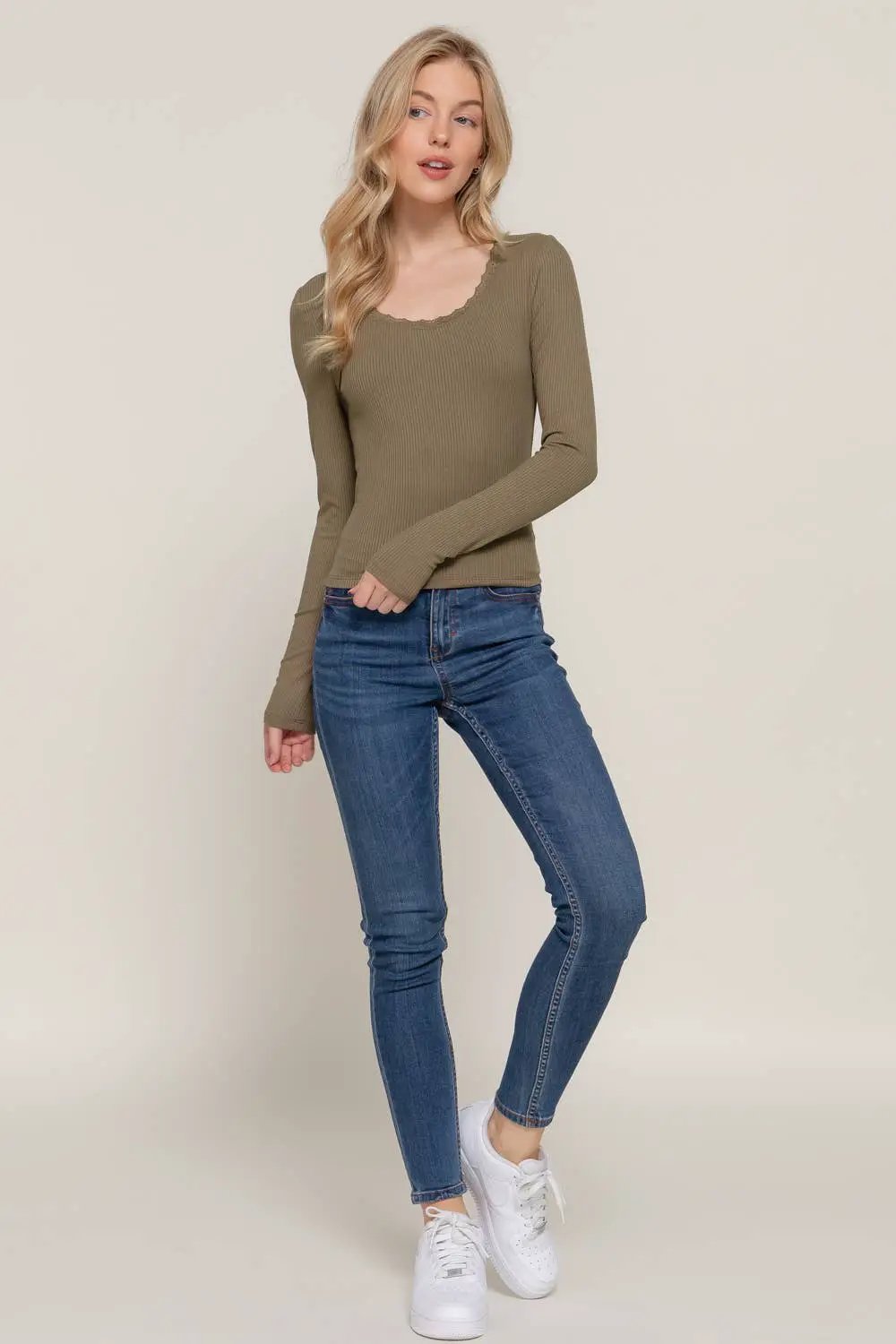 Active Basic | Active USA Active Basic | Active USA - Long Sleeve Scoop Neck with Lace Trim Rib Knit Top in Army Olive - Sweaters