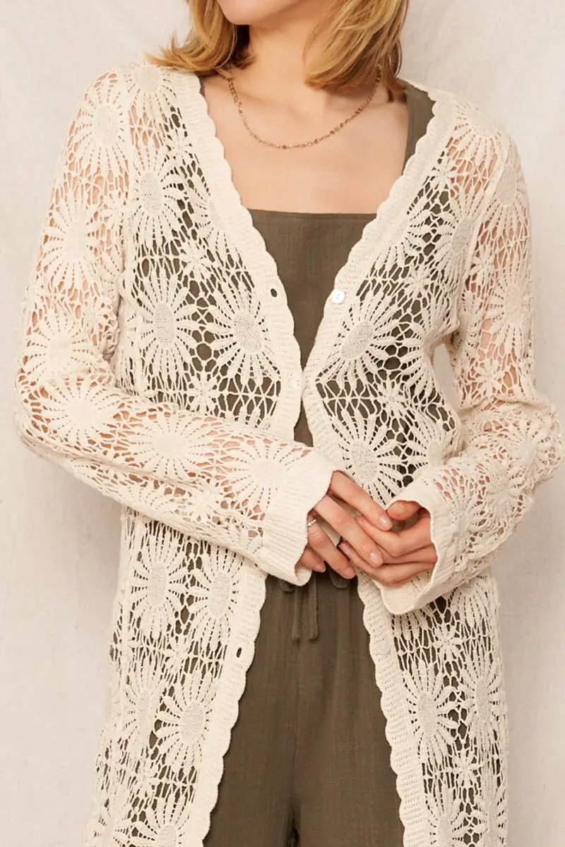 En Crème En Crème Natural Flower Pattern Crochet Maxi Kimono Cardigan - Cardigans