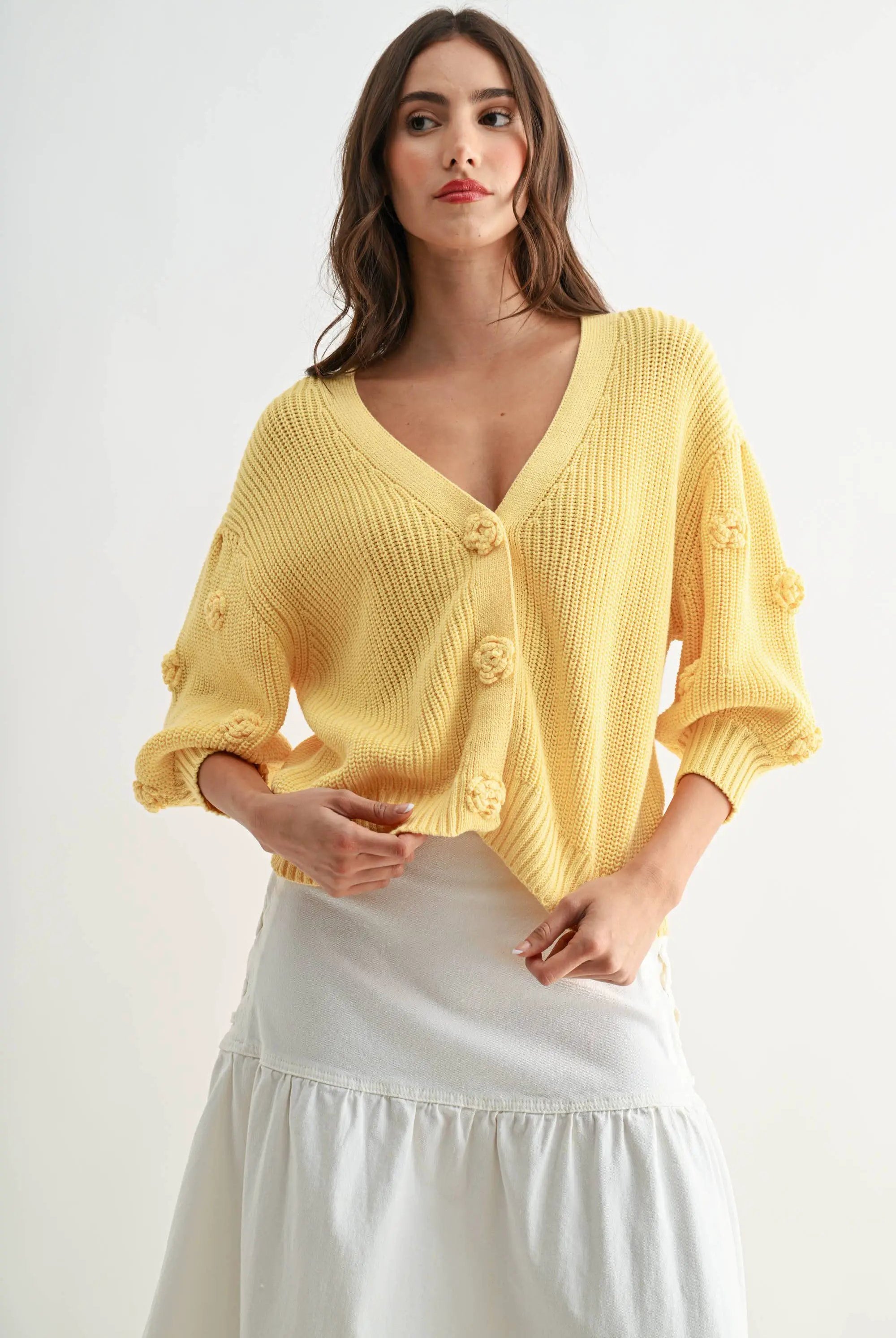 Textured knit cardigan LT.YELLOW with 3D buttons, worn by a model.