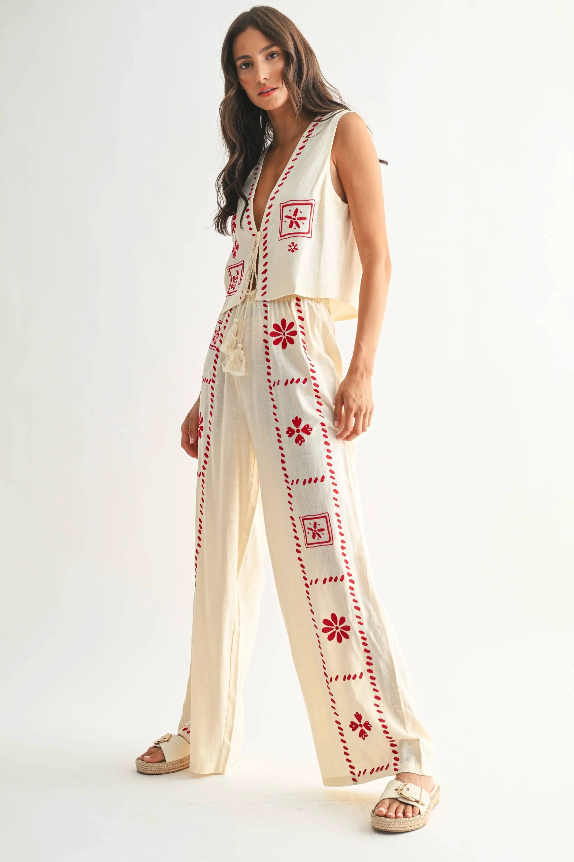 Camellia The Scarlet Stitch Linen Vest & Pant Set – Cream/Red - Outfit Sets