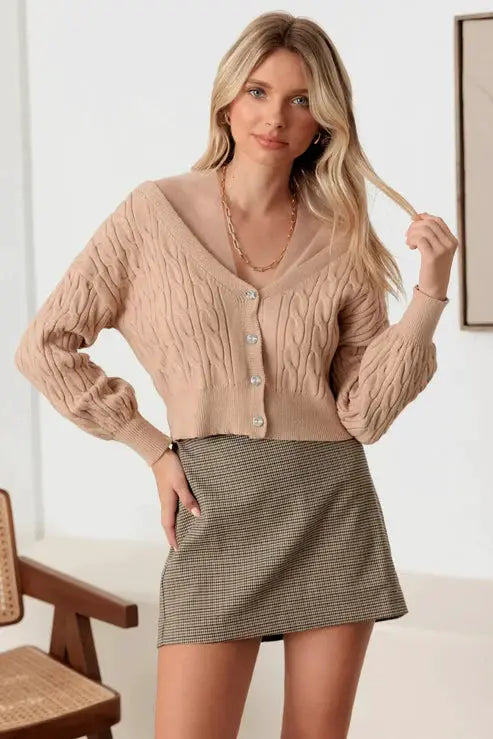 36 POINTS Cable Rhinestone Button-Up Long Sleeve Sweater - Sweaters rhinestone button cable sweater
