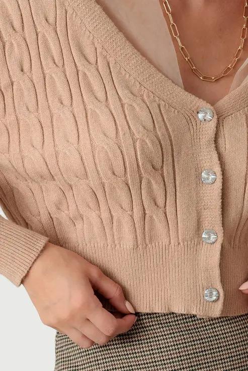 36 POINTS Cable Rhinestone Button-Up Long Sleeve Sweater - Sweaters rhinestone button cable sweater