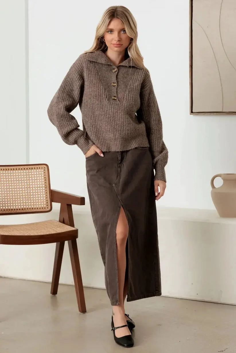 MABLE Mable 100% Wool Button-Up Neck Pullover Sweater - Sweaters sweater