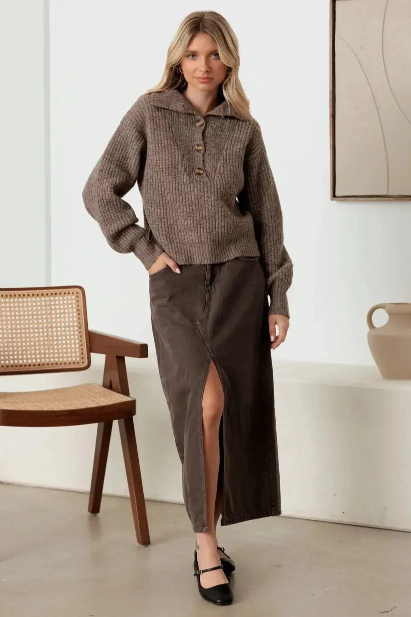 MABLE Mable 100% Wool Button-Up Neck Pullover Sweater - Sweaters sweater
