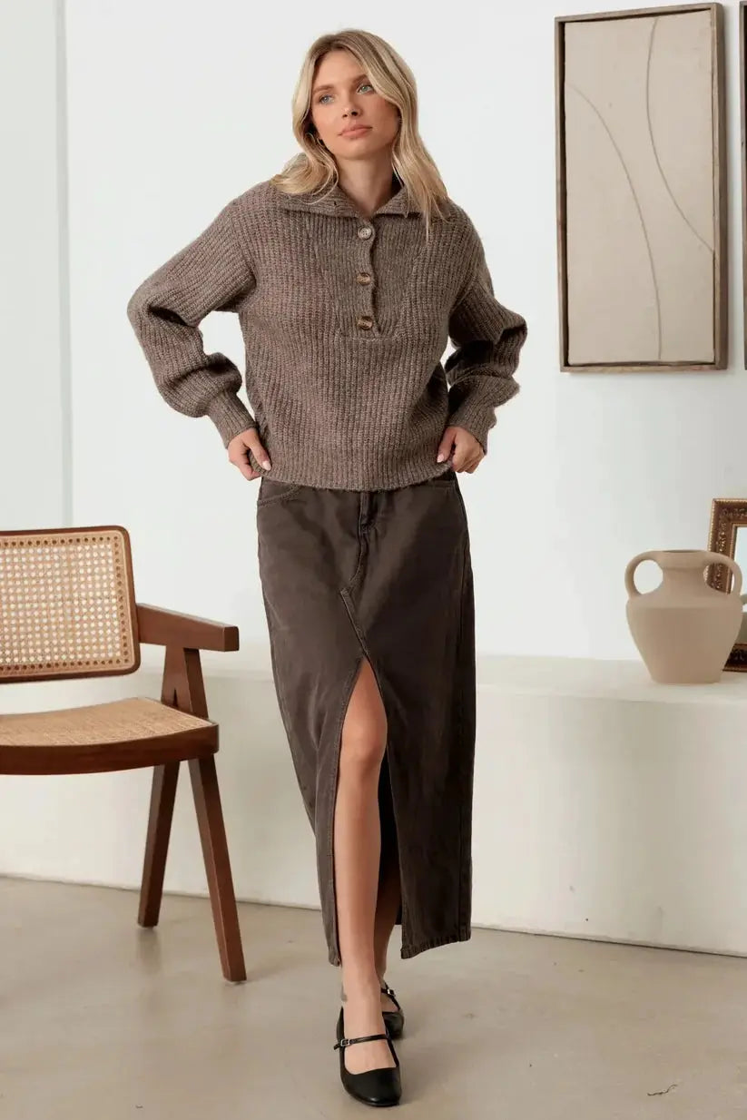 MABLE Mable 100% Wool Button-Up Neck Pullover Sweater - Sweaters sweater