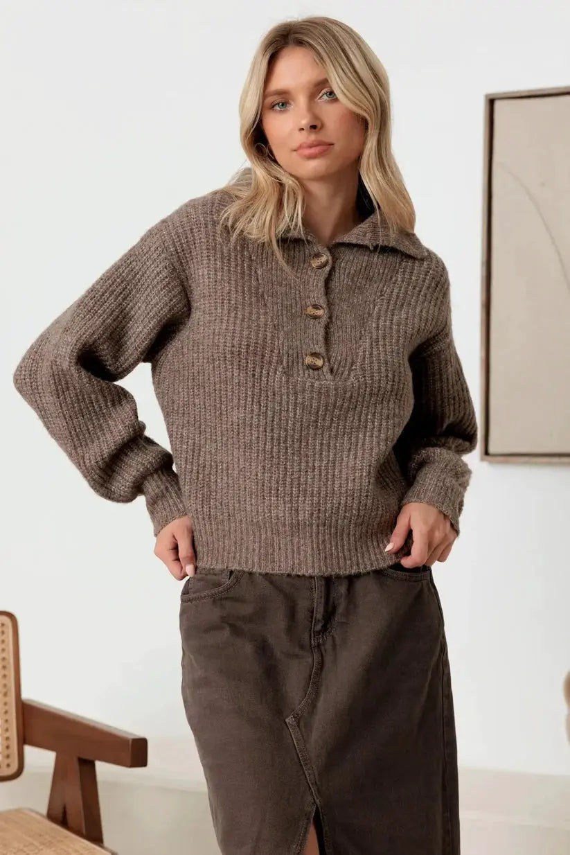 MABLE Mable 100% Wool Button-Up Neck Pullover Sweater - Sweaters sweater