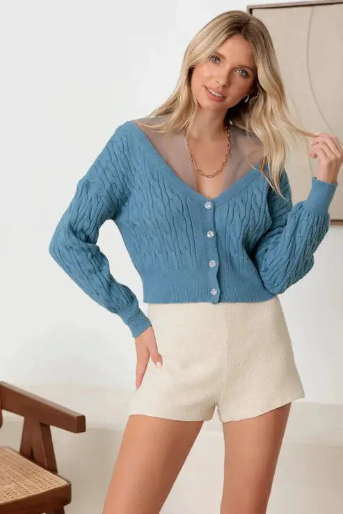 36 POINTS Cable Rhinestone Button-Up Long Sleeve Sweater - Sweaters rhinestone button cable sweater