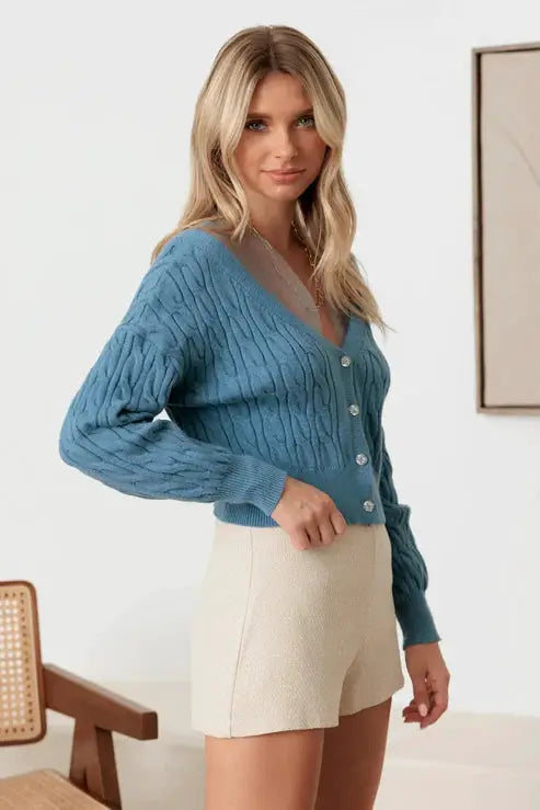 36 POINTS Cable Rhinestone Button-Up Long Sleeve Sweater - Sweaters rhinestone button cable sweater