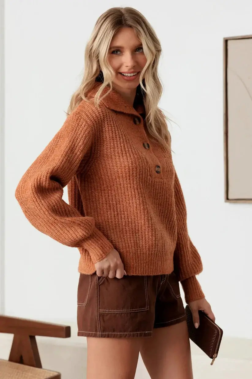 MABLE Mable 100% Wool Button-Up Neck Pullover Sweater - Sweaters sweater