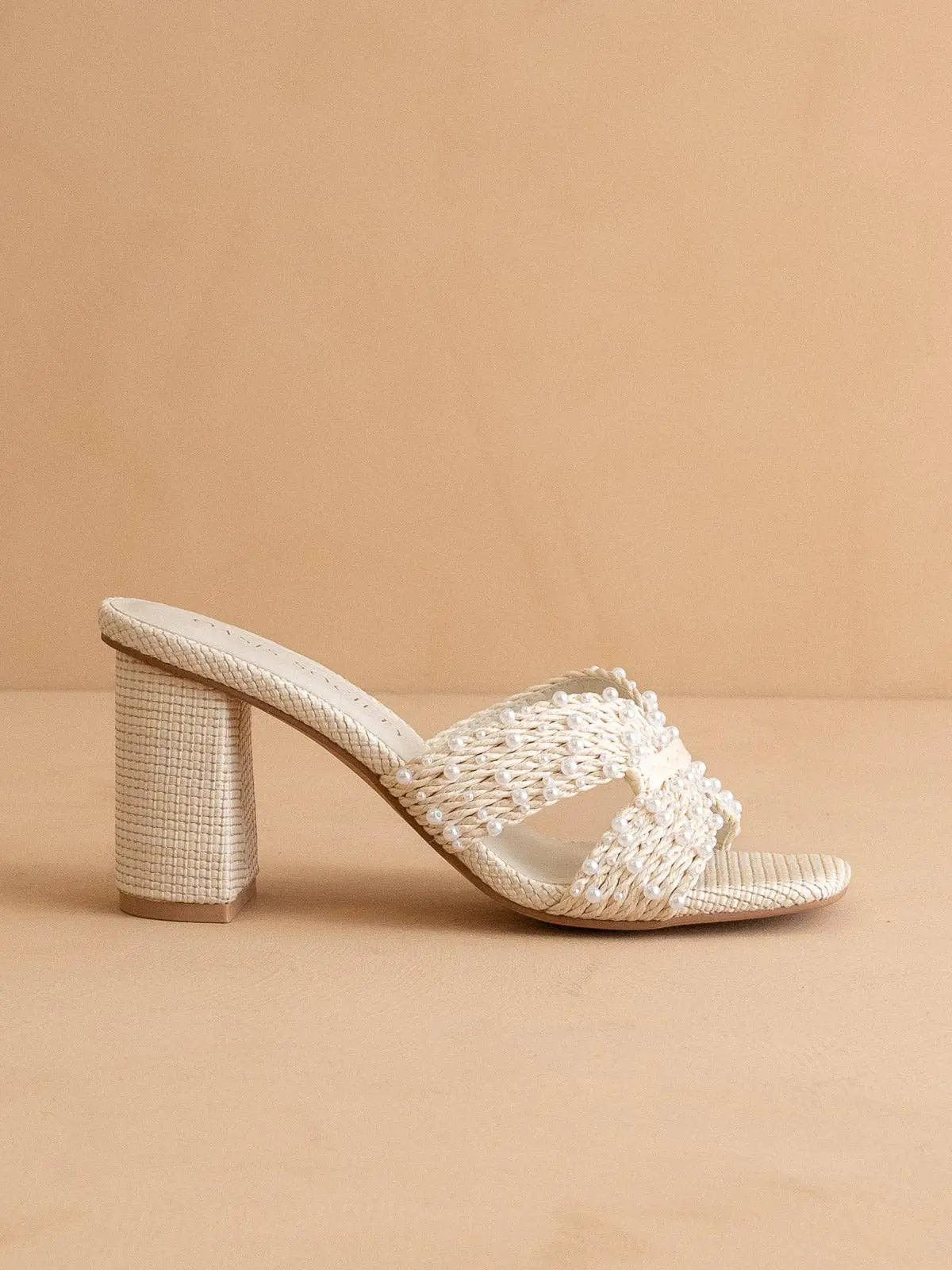OASIS SOCIETY The Tiara | White Pearl Embroidered Raffia Block Heel - Heels