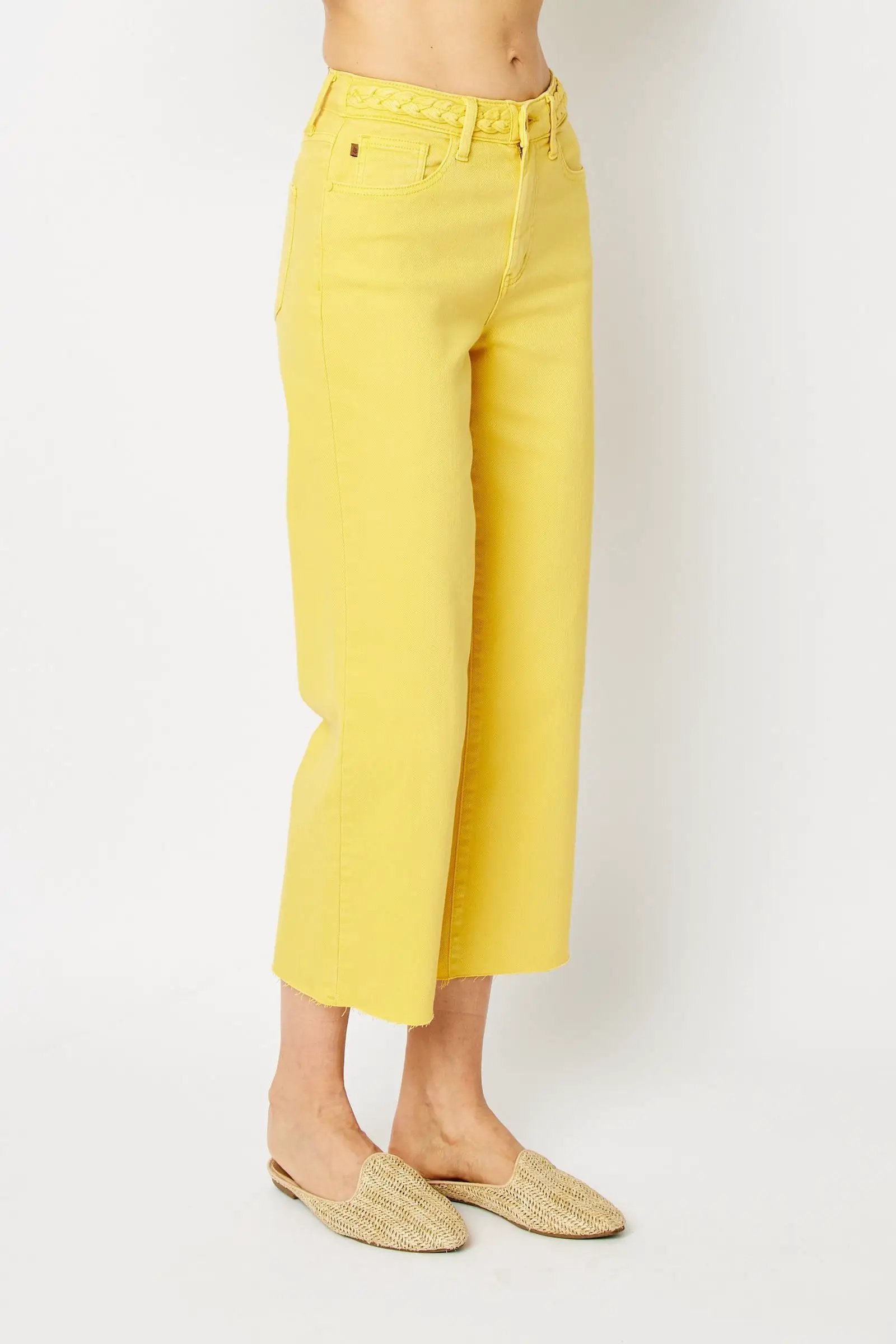 Judy Blue The Braided Waist Band Yellow Cropped Wide Leg Jeans - Jeans Judy Blue High Waisted Yellow Garment Dyed Braided Waist Band Cropped Wide Leg Denim Jeans