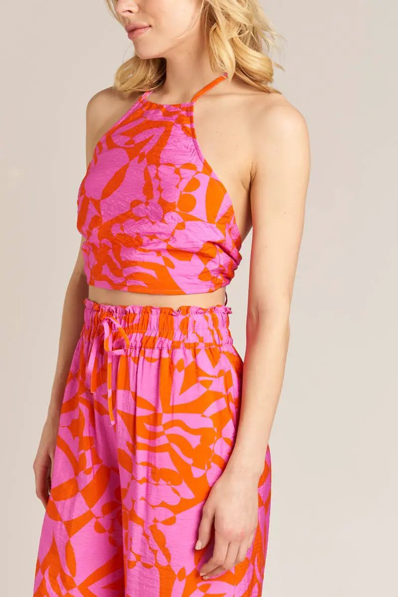 En Crème En Crème Pink Orange Printed Cropped Halter Top and Pants Set - Dresses printed cropped halter top and pant set