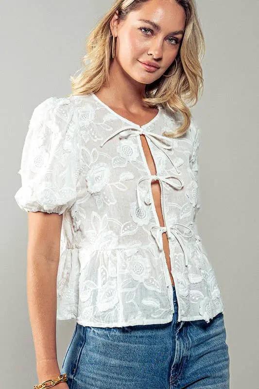 Urban Daizy Romantic Garden Lace Top - Blouses white embroidered bow blouse