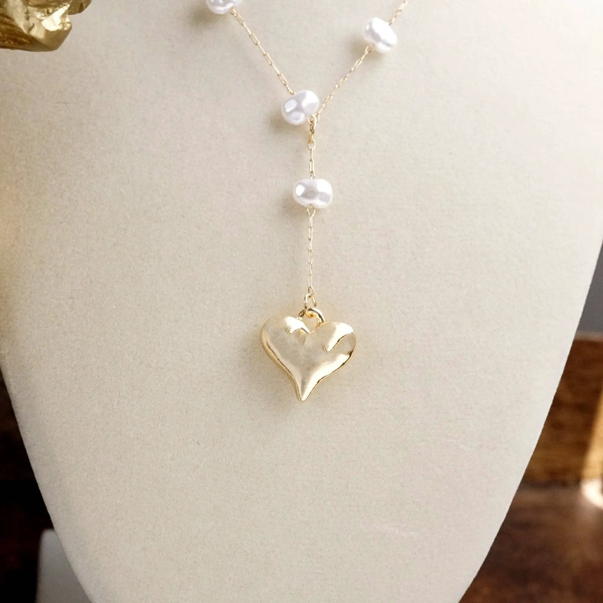 PennyLine inc The Gold Puffy Heart Pearl Lariat Chain Necklace - Necklaces