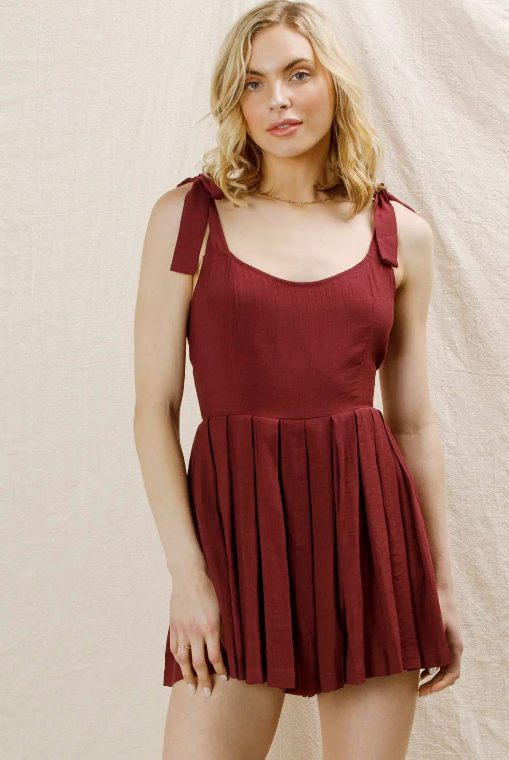 En Crème En Crème Wine Shoulder Tie Pleated Romper - One-Pieces shoulder tie pleated romper