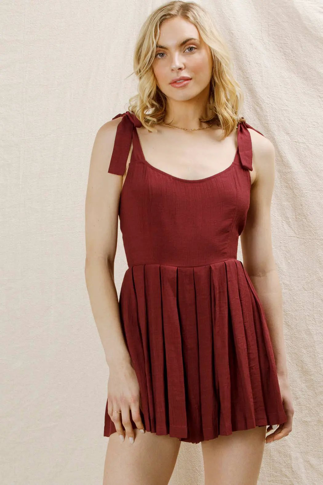 En Crème En Crème Wine Shoulder Tie Pleated Romper - One-Pieces shoulder tie pleated romper